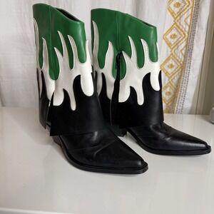 Gianni Bini CONLEY FLAME Fold Over Leather Western Black Green White Boots 6M